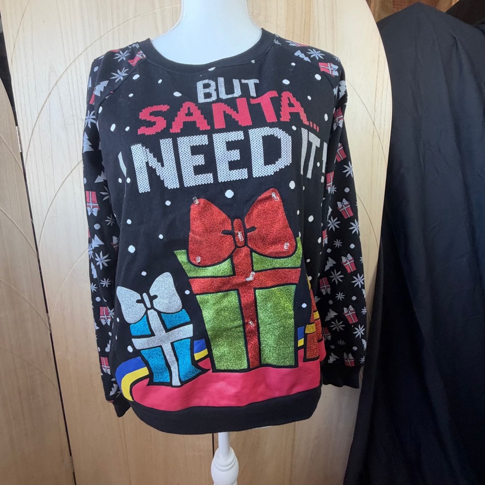 Freeze Christmas Sweatshirt Womens small Black Santa I Need It Holiday Glitter